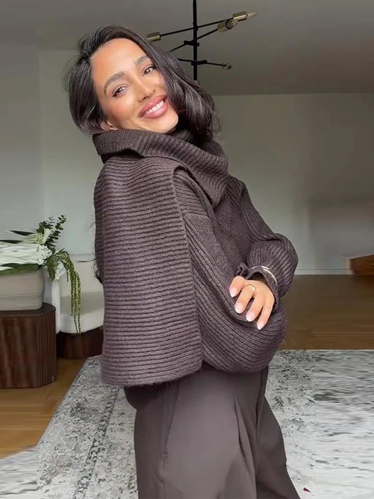 Women’s Knit Sweater With Scarf Collar Thick Knit For Winter Casual Everyday Style - SN Wigs & More