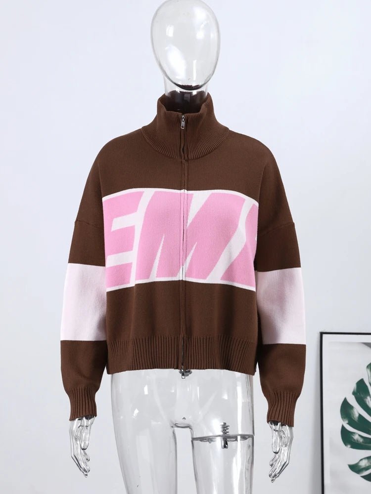 Women's Knit Sweater With Stand Collar And Zipper - Y2K Style - SN Wigs & More