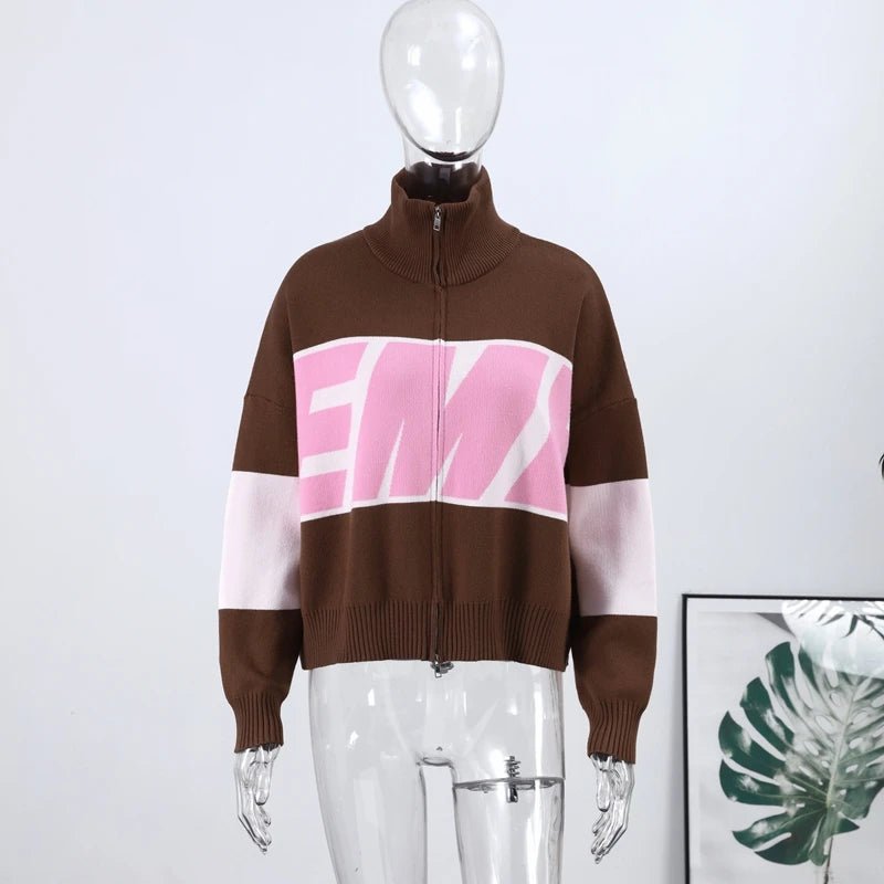 Women's Knit Sweater With Stand Collar And Zipper - Y2K Style - SN Wigs & More