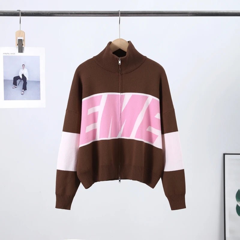 Women's Knit Sweater With Stand Collar And Zipper - Y2K Style - SN Wigs & More