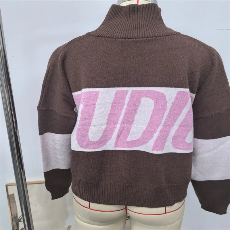 Women's Knit Sweater With Stand Collar And Zipper - Y2K Style - SN Wigs & More