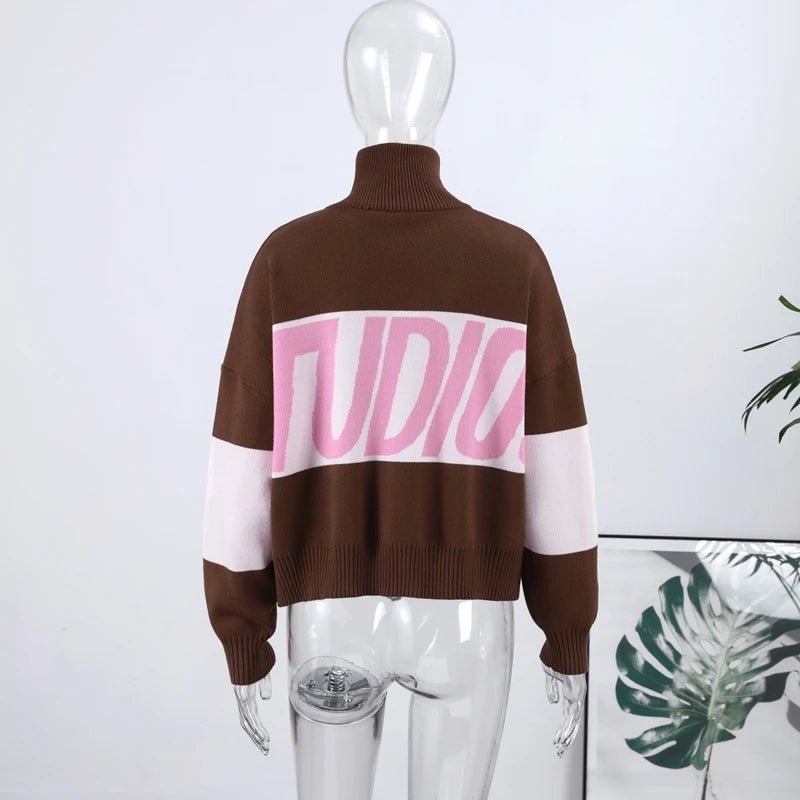 Women's Knit Sweater With Stand Collar And Zipper - Y2K Style - SN Wigs & More