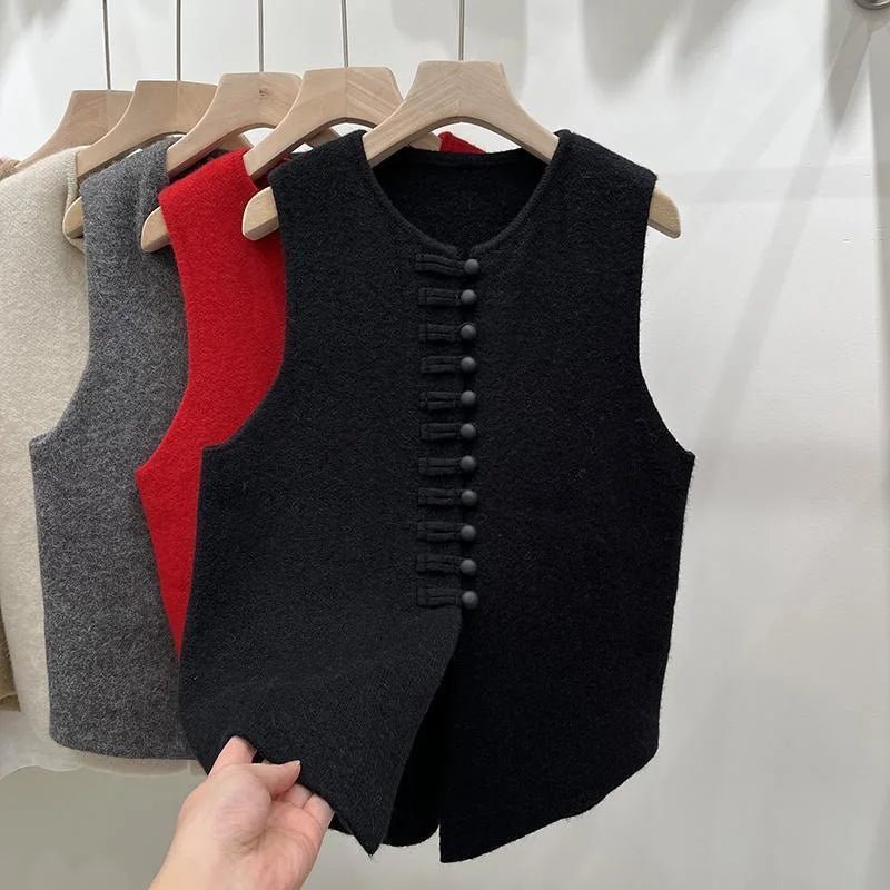 Women's Knit Vest - Frog Button Detail - Versatile Everyday Wear, Loose Fit Autumn Style - SN Wigs & More