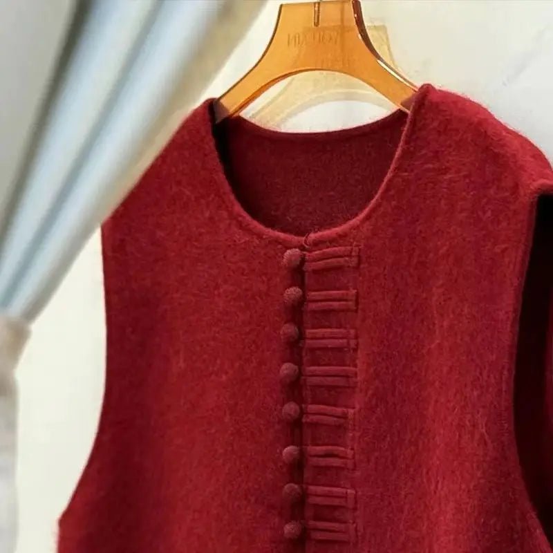 Women's Knit Vest - Frog Button Detail - Versatile Everyday Wear, Loose Fit Autumn Style - SN Wigs & More