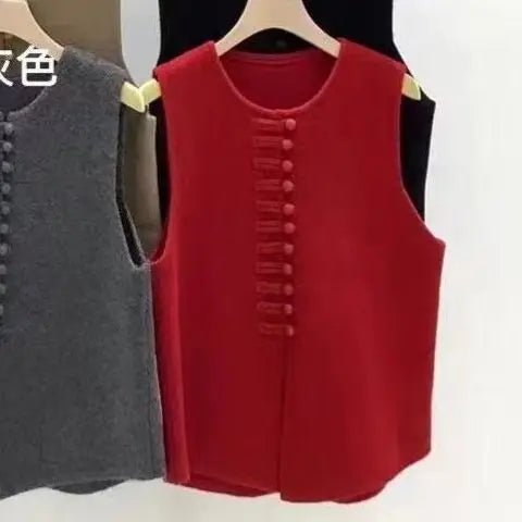 Women's Knit Vest - Frog Button Detail - Versatile Everyday Wear, Loose Fit Autumn Style - SN Wigs & More