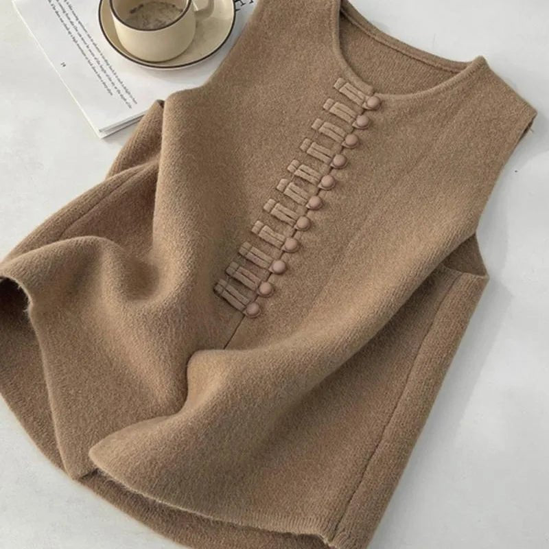 Women's Knit Vest - Frog Button Detail - Versatile Everyday Wear, Loose Fit Autumn Style - SN Wigs & More