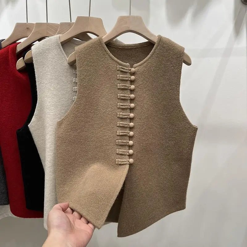 Women's Knit Vest - Frog Button Detail - Versatile Everyday Wear, Loose Fit Autumn Style - SN Wigs & More