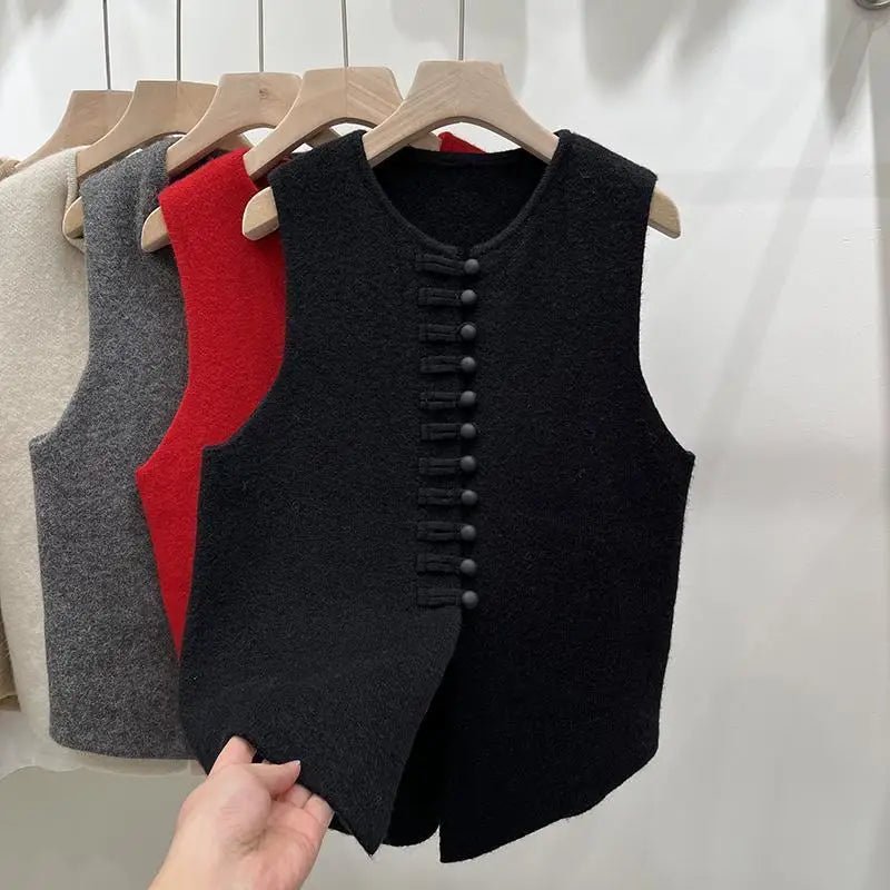 Women's Knit Vest - Frog Button Detail - Versatile Everyday Wear, Loose Fit Autumn Style - SN Wigs & More