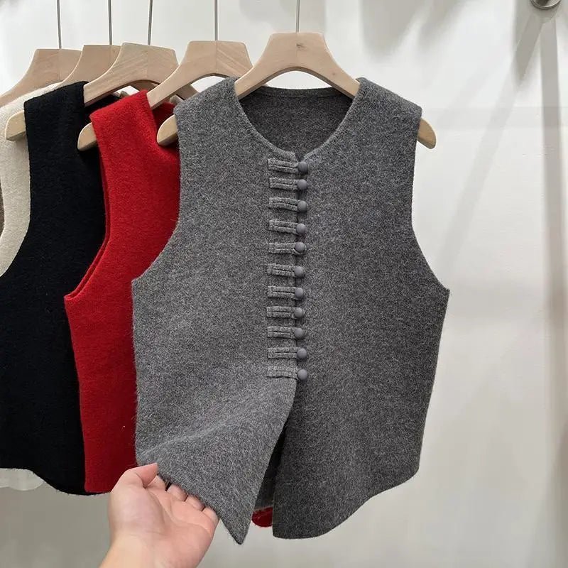 Women's Knit Vest - Frog Button Detail - Versatile Everyday Wear, Loose Fit Autumn Style - SN Wigs & More