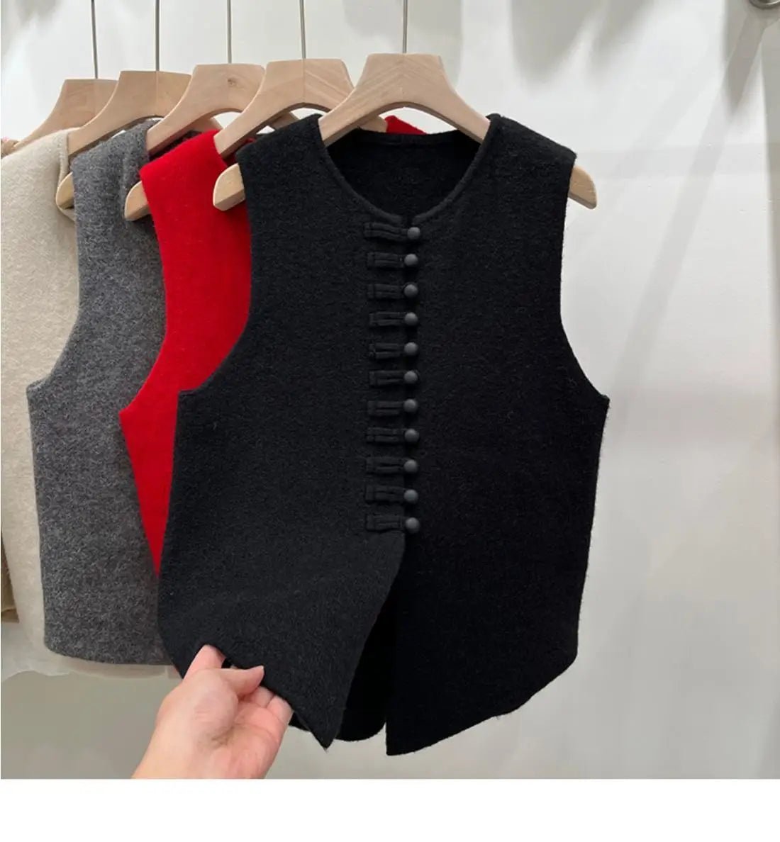 Women's Knit Vest - Frog Button Detail - Versatile Everyday Wear, Loose Fit Autumn Style - SN Wigs & More