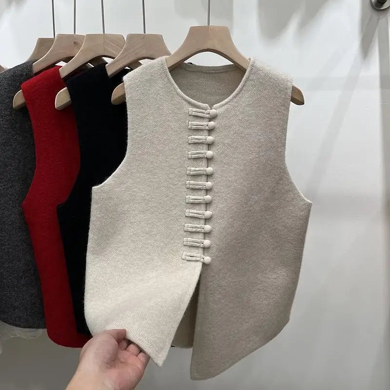 Women's Knit Vest - Frog Button Detail - Versatile Everyday Wear, Loose Fit Autumn Style - SN Wigs & More