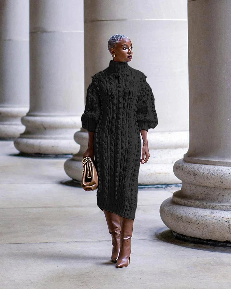 Womens Knitted Dresses High Neck Long Sleeve Sweater Dress with Split Ladies Vintage Knit Midi Dress Casual Fashion Winter