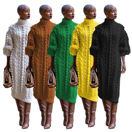 Womens Knitted Dresses High Neck Long Sleeve Sweater Dress with Split Ladies Vintage Knit Midi Dress Casual Fashion Winter