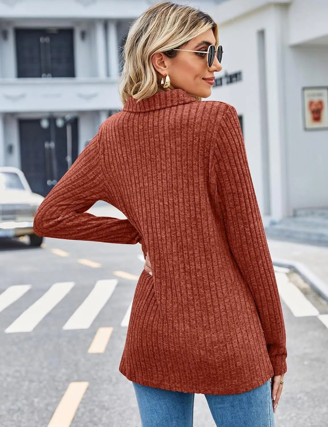 Women's Knitted Polo Collar Top Long Sleeve Six Color Striped Style - SN Wigs & More
