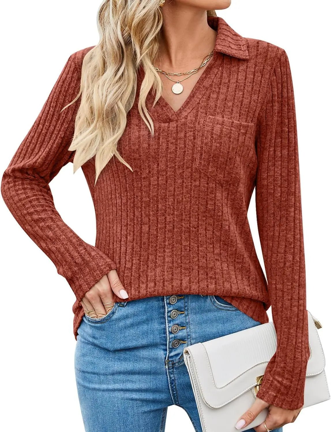 Women's Knitted Polo Collar Top Long Sleeve Six Color Striped Style - SN Wigs & More