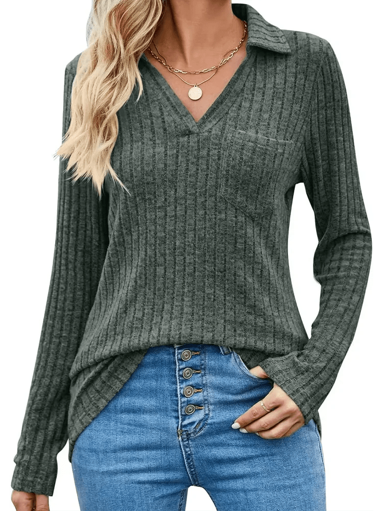 Women's Knitted Polo Collar Top Long Sleeve Six Color Striped Style - SN Wigs & More