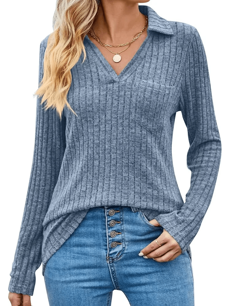 Women's Knitted Polo Collar Top Long Sleeve Six Color Striped Style - SN Wigs & More