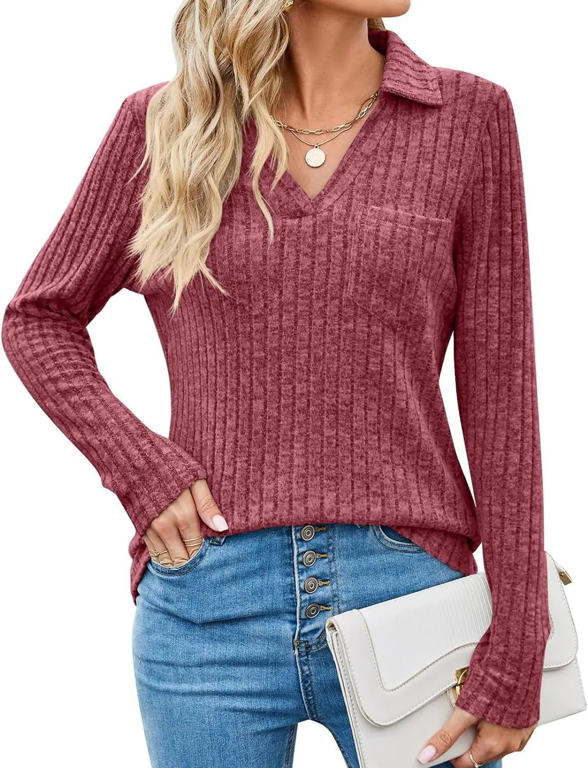 Women's Knitted Polo Collar Top Long Sleeve Six Color Striped Style - SN Wigs & More