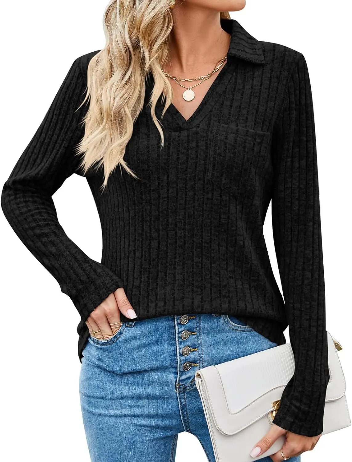 Women's Knitted Polo Collar Top Long Sleeve Six Color Striped Style - SN Wigs & More