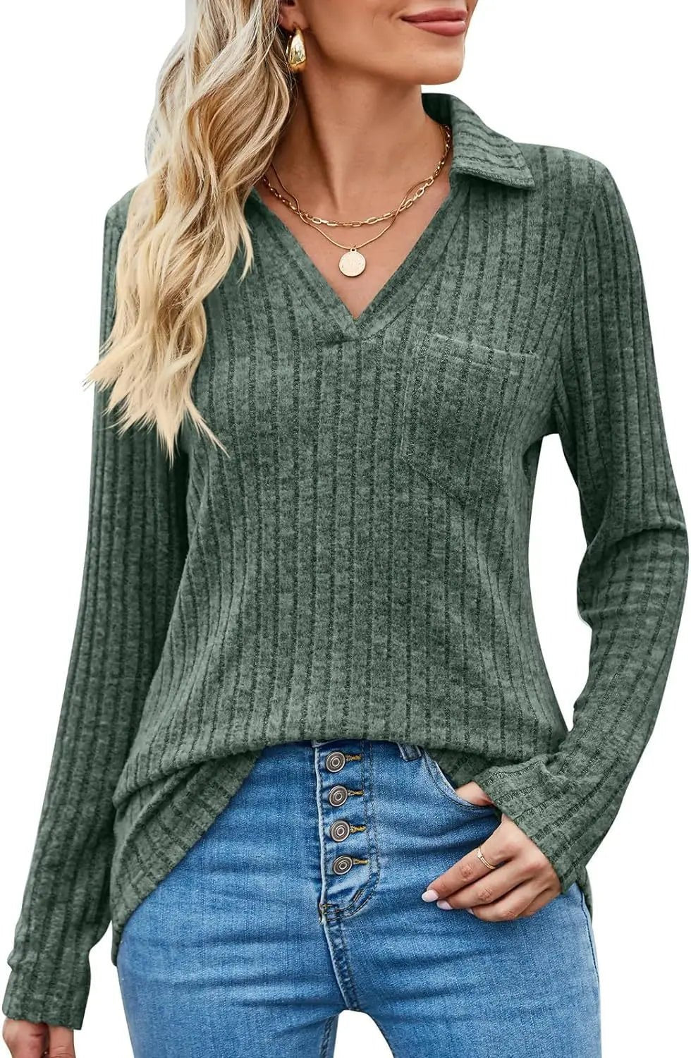 Women's Knitted Polo Collar Top Long Sleeve Six Color Striped Style - SN Wigs & More
