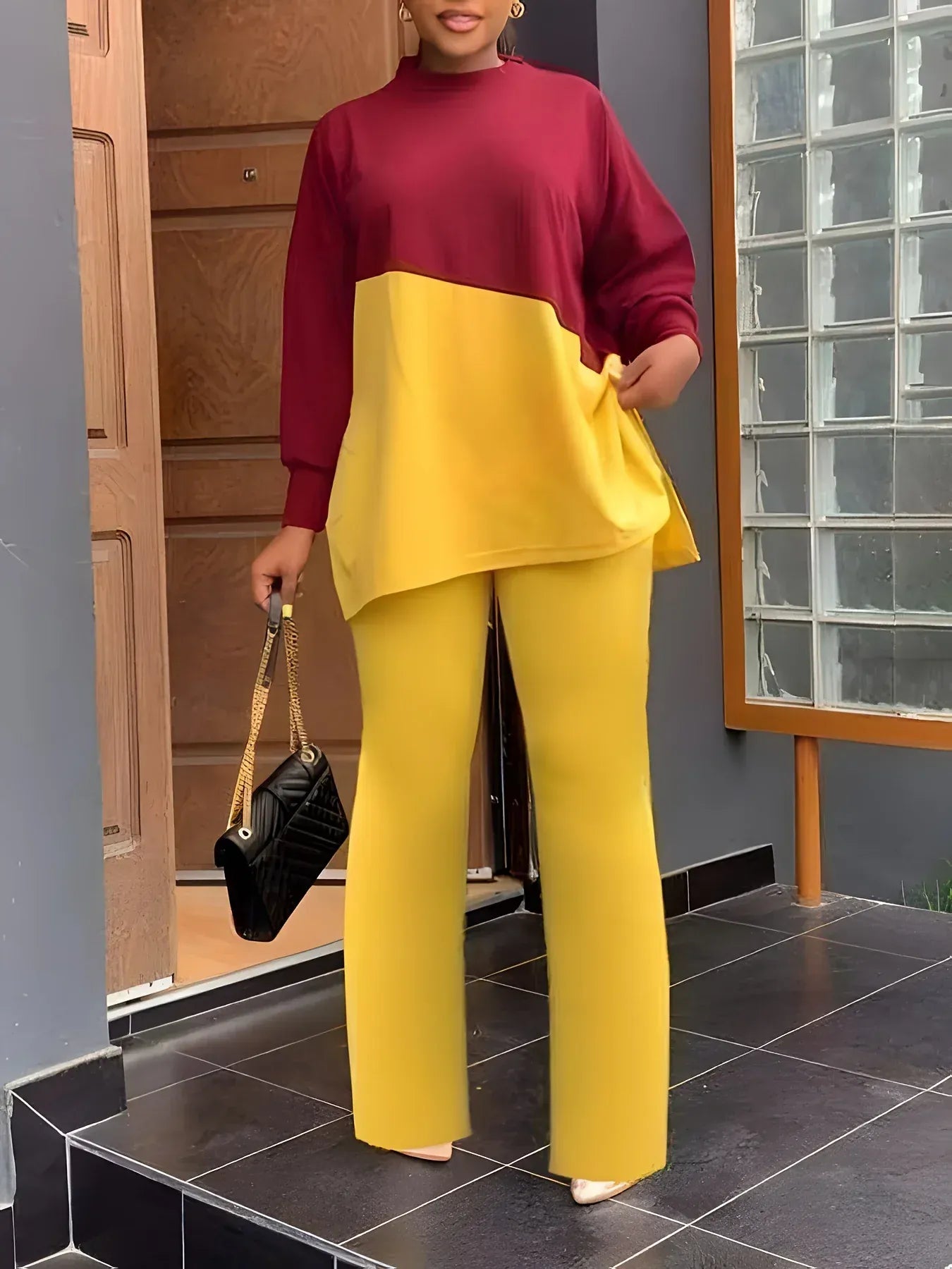 Women's large size fashion long sleeve trousers suit red yellow double color - SN Wigs & More