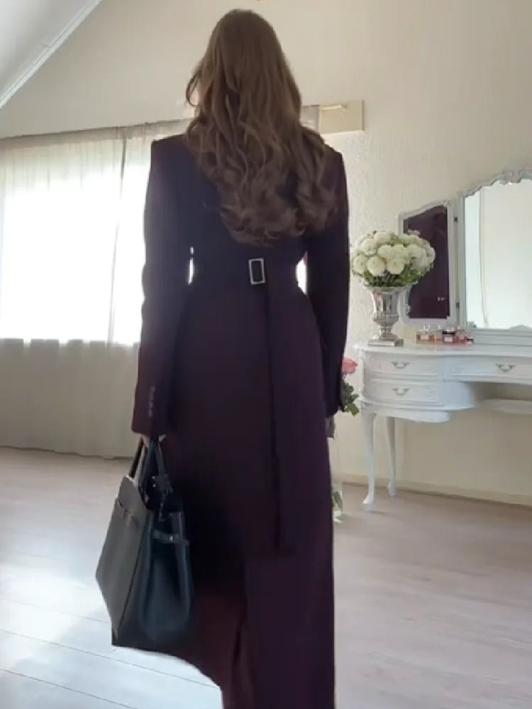 Womens Long Coat With Slim V - Neck And Single - Breasted Front Belt For Everyday Office Wear – Timeless Winter Style - SN Wigs & More