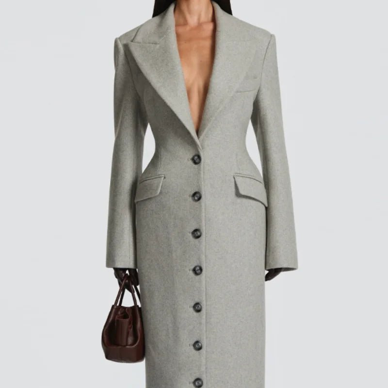 Womens Long Coat With Slim V - Neck And Single - Breasted Front Belt For Everyday Office Wear – Timeless Winter Style - SN Wigs & More