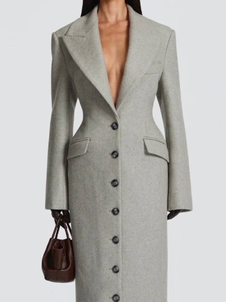 Womens Long Coat With Slim V - Neck And Single - Breasted Front Belt For Everyday Office Wear – Timeless Winter Style - SN Wigs & More