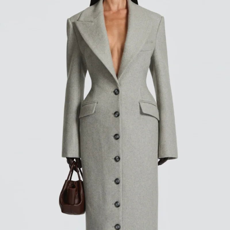 Womens Long Coat With Slim V - Neck And Single - Breasted Front Belt For Everyday Office Wear – Timeless Winter Style - SN Wigs & More