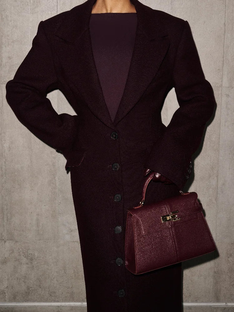Womens Long Coat With Slim V - Neck And Single - Breasted Front Belt For Everyday Office Wear – Timeless Winter Style - SN Wigs & More
