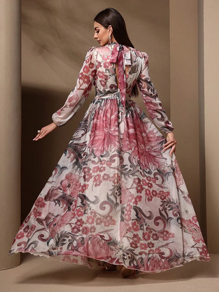 Women's Maxi Dress – Floral Allover Print Cutout Details With Tie Back – Casual Elegant Summer - SN Wigs & More