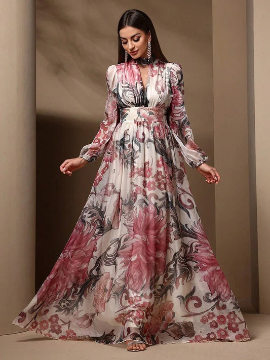 Women's Maxi Dress – Floral Allover Print Cutout Details With Tie Back – Casual Elegant Summer - SN Wigs & More
