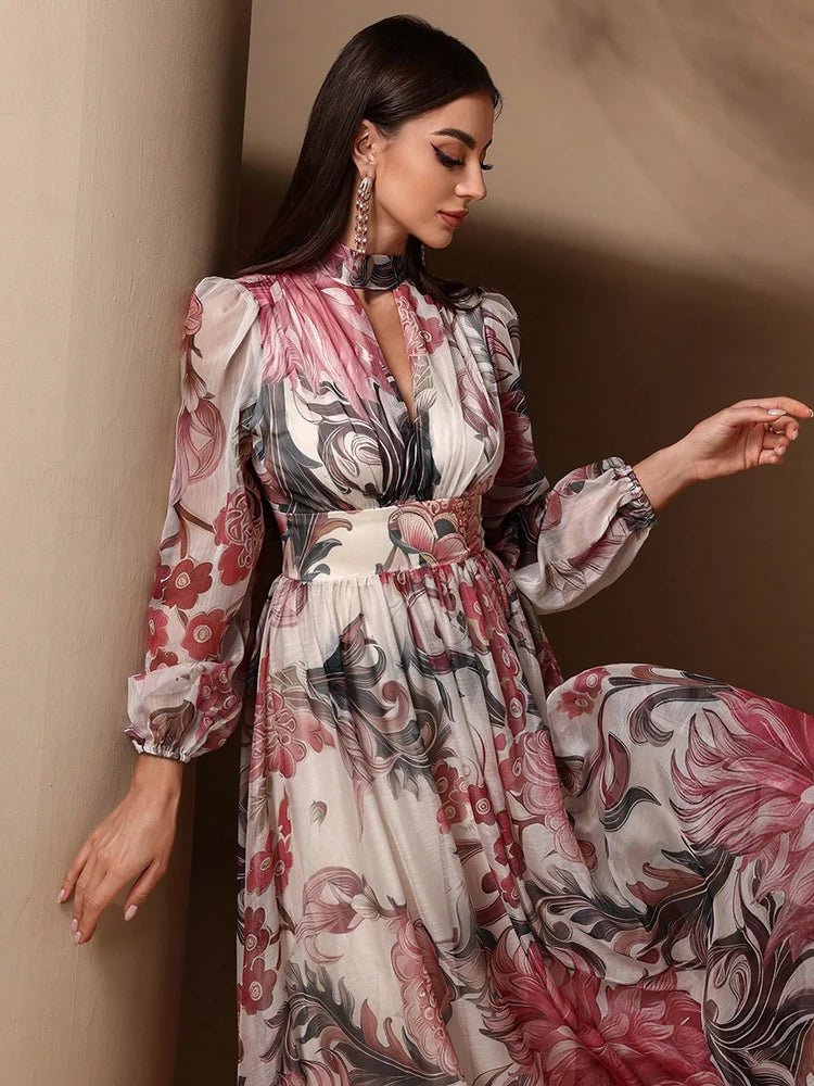 Women's Maxi Dress – Floral Allover Print Cutout Details With Tie Back – Casual Elegant Summer - SN Wigs & More