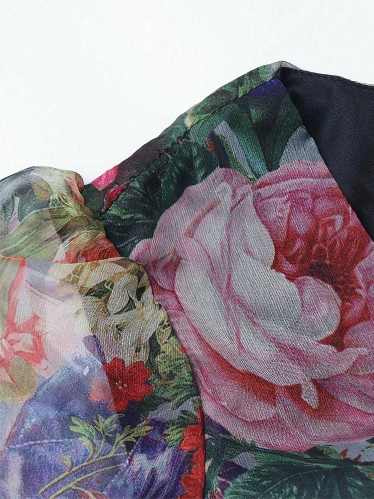 Womens Maxi Dress + Floral Print Long Sleeve Frill Trim Lightweight Polyester + Boho Vacation Style - SN Wigs & More