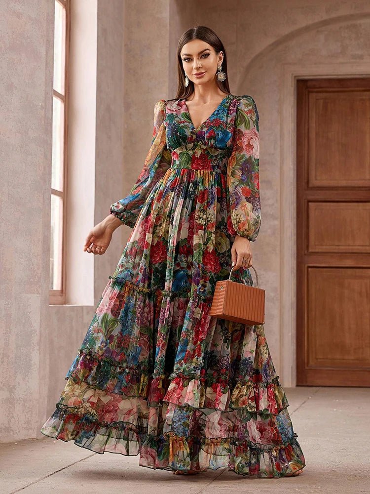 Womens Maxi Dress + Floral Print Long Sleeve Frill Trim Lightweight Polyester + Boho Vacation Style - SN Wigs & More