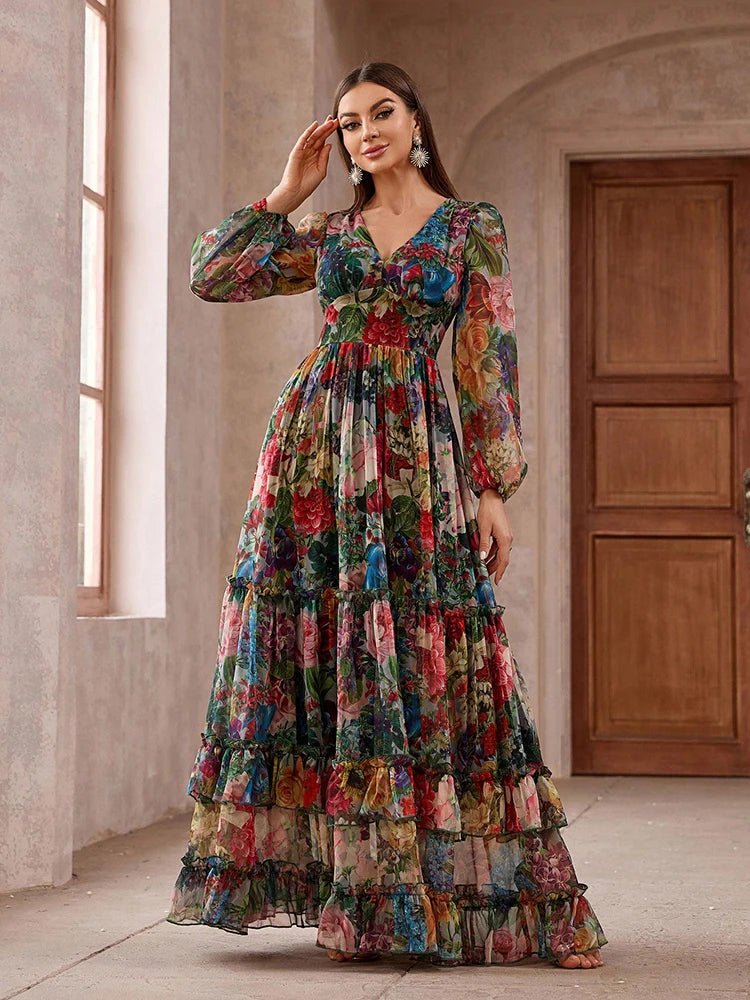 Womens Maxi Dress + Floral Print Long Sleeve Frill Trim Lightweight Polyester + Boho Vacation Style - SN Wigs & More