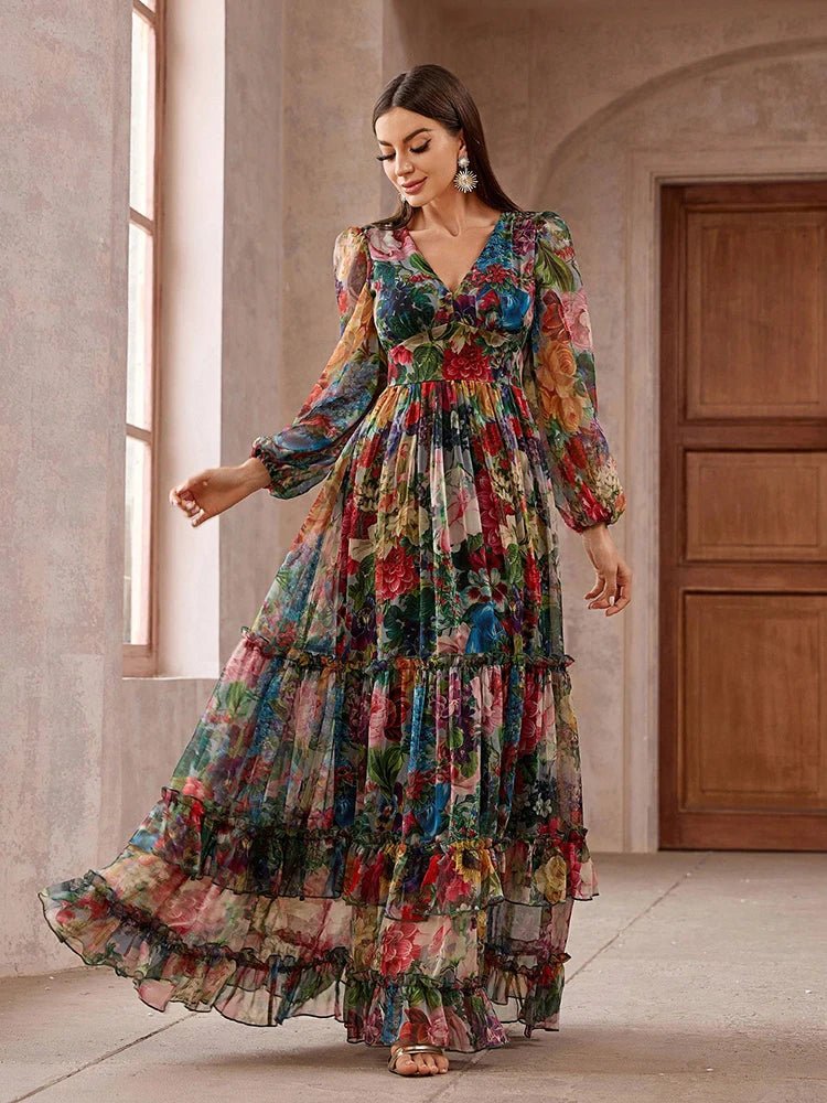 Womens Maxi Dress + Floral Print Long Sleeve Frill Trim Lightweight Polyester + Boho Vacation Style - SN Wigs & More