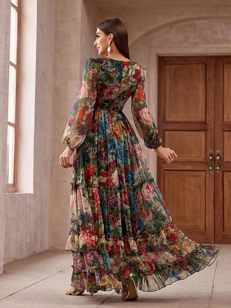 Womens Maxi Dress + Floral Print Long Sleeve Frill Trim Lightweight Polyester + Boho Vacation Style - SN Wigs & More