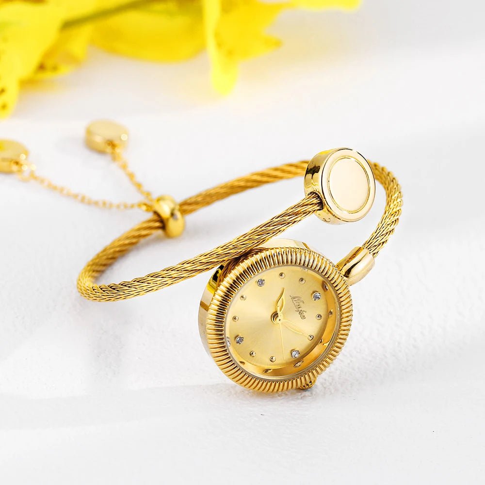 Womens Mini Watch + Battery Powered Gold Tone Open Band + Casual Everyday Classic Style - SN Wigs & More
