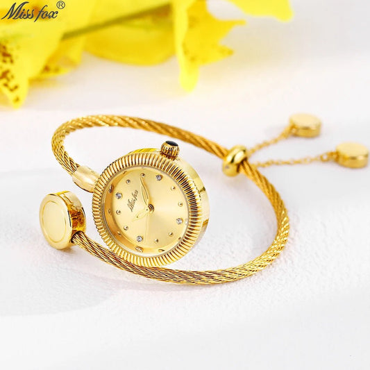 Womens Mini Watch + Battery Powered Gold Tone Open Band + Casual Everyday Classic Style - SN Wigs & More