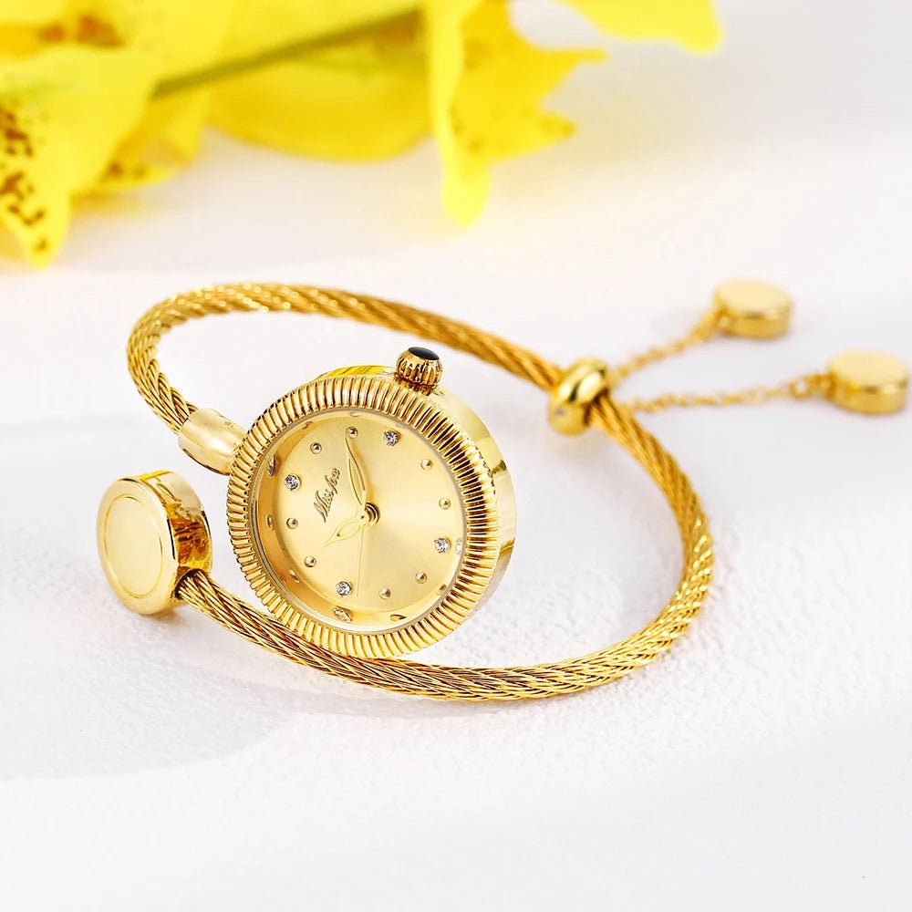 Womens Mini Watch + Battery Powered Gold Tone Open Band + Casual Everyday Classic Style - SN Wigs & More