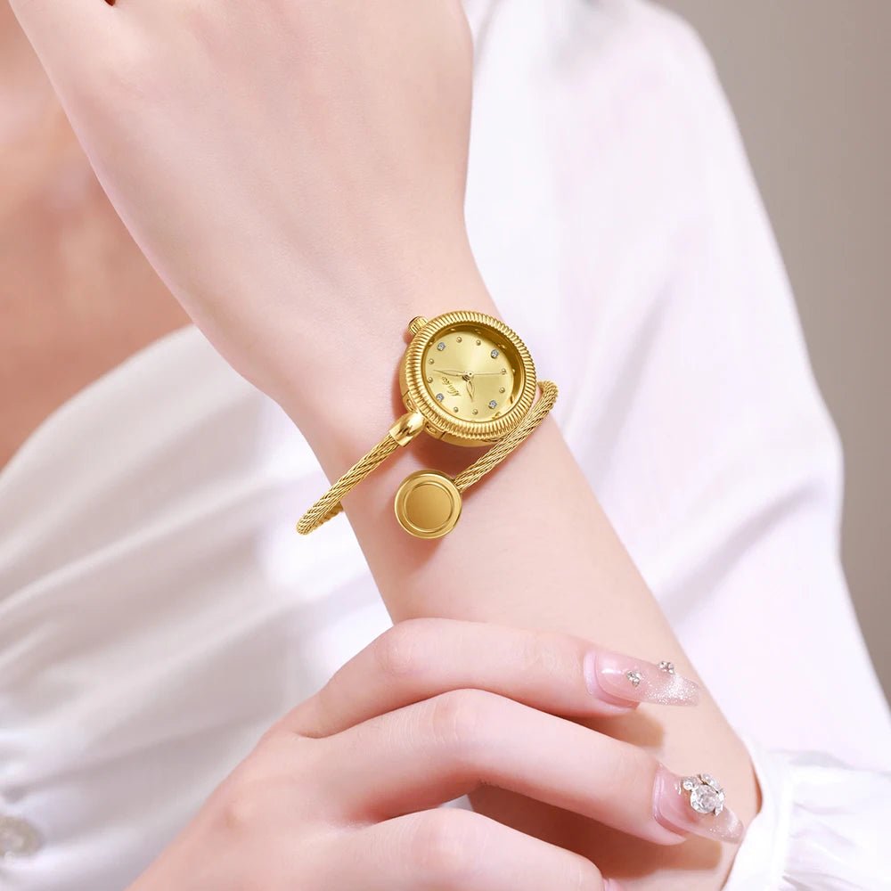 Womens Mini Watch + Battery Powered Gold Tone Open Band + Casual Everyday Classic Style - SN Wigs & More