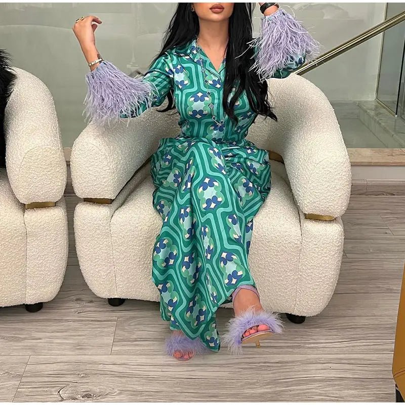 Women's Pajama Top + Turn - Down Collar + Two - Tone Green White Print All - Match Style For Every Occasion - SN Wigs & More