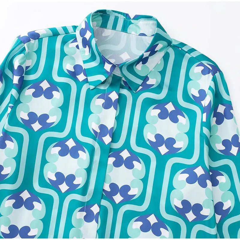 Women's Pajama Top + Turn - Down Collar + Two - Tone Green White Print All - Match Style For Every Occasion - SN Wigs & More