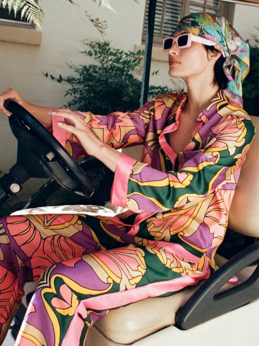 Women's Pajama Top + Turn - Down Collar + Two - Tone Green White Print All - Match Style For Every Occasion - SN Wigs & More