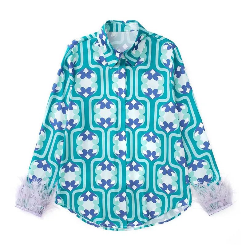Women's Pajama Top + Turn - Down Collar + Two - Tone Green White Print All - Match Style For Every Occasion - SN Wigs & More