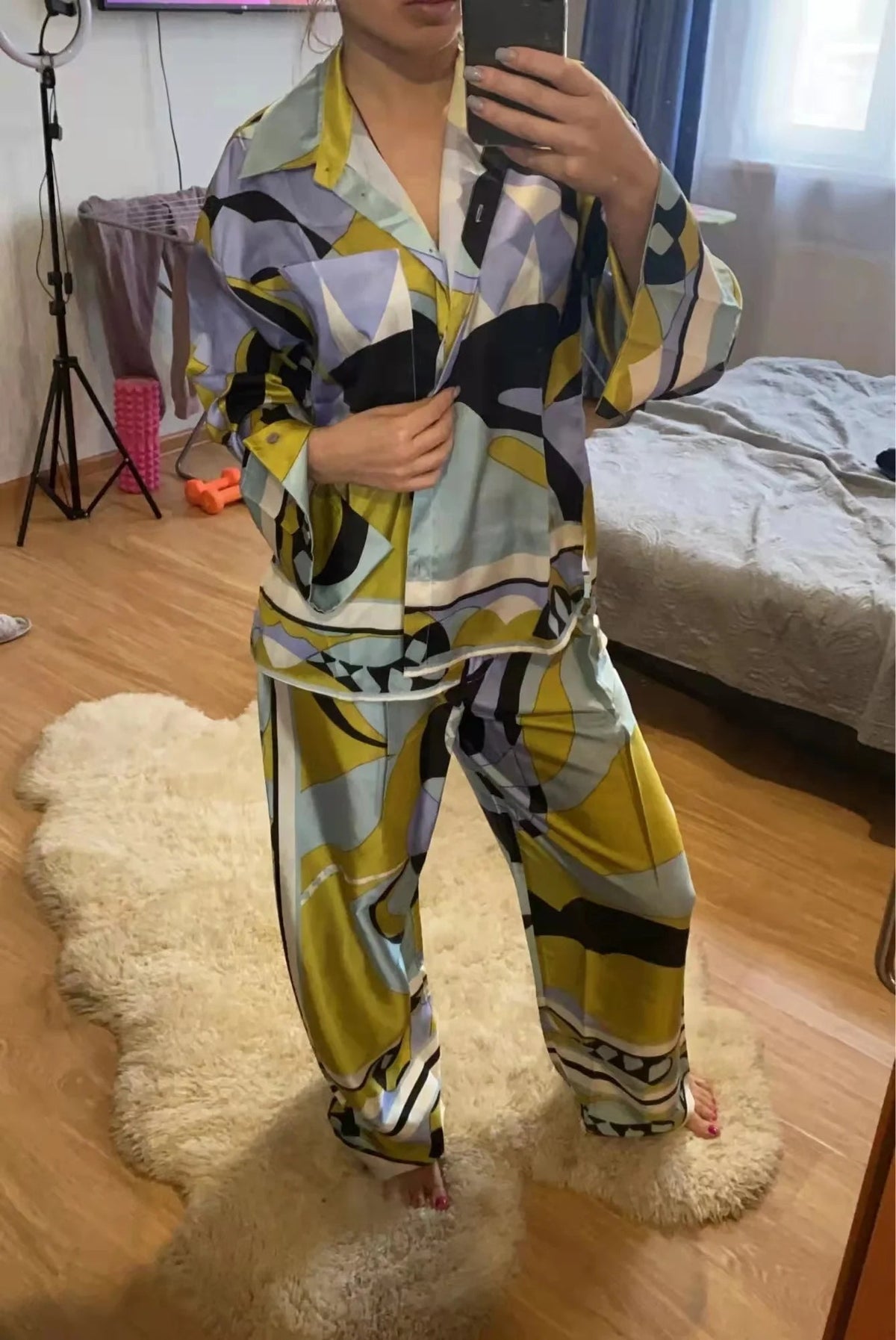 Women's Pajama Top + Turn - Down Collar + Two - Tone Green White Print All - Match Style For Every Occasion - SN Wigs & More