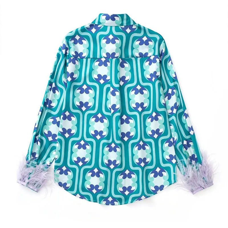 Women's Pajama Top + Turn - Down Collar + Two - Tone Green White Print All - Match Style For Every Occasion - SN Wigs & More