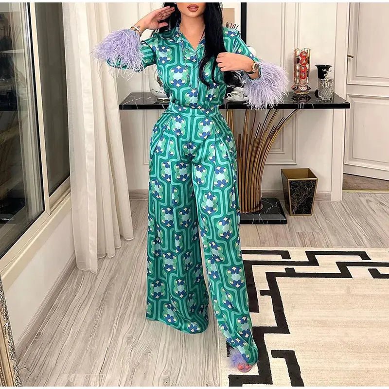 Women's Pajama Top + Turn - Down Collar + Two - Tone Green White Print All - Match Style For Every Occasion - SN Wigs & More