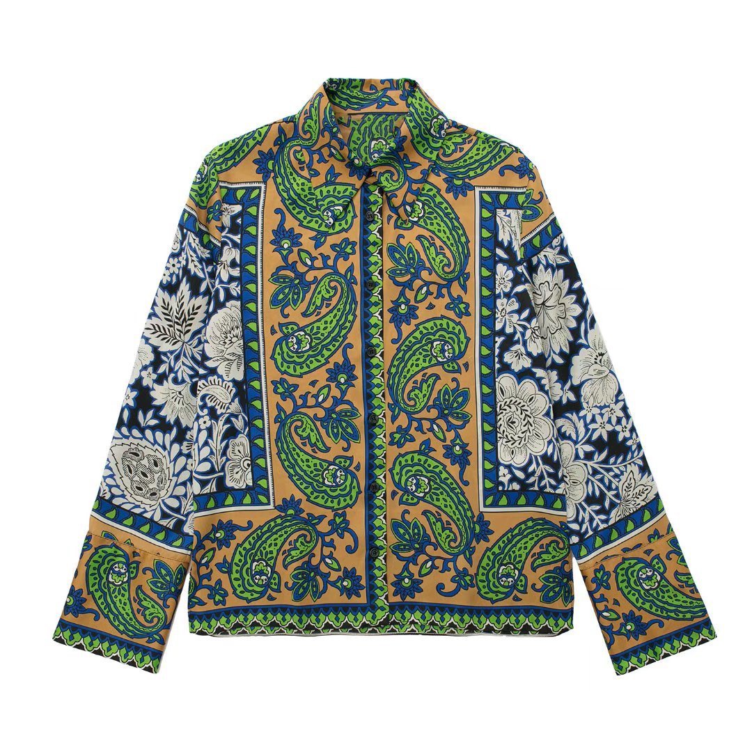 Women's Pajama Top + Turn - Down Collar + Two - Tone Green White Print All - Match Style For Every Occasion - SN Wigs & More